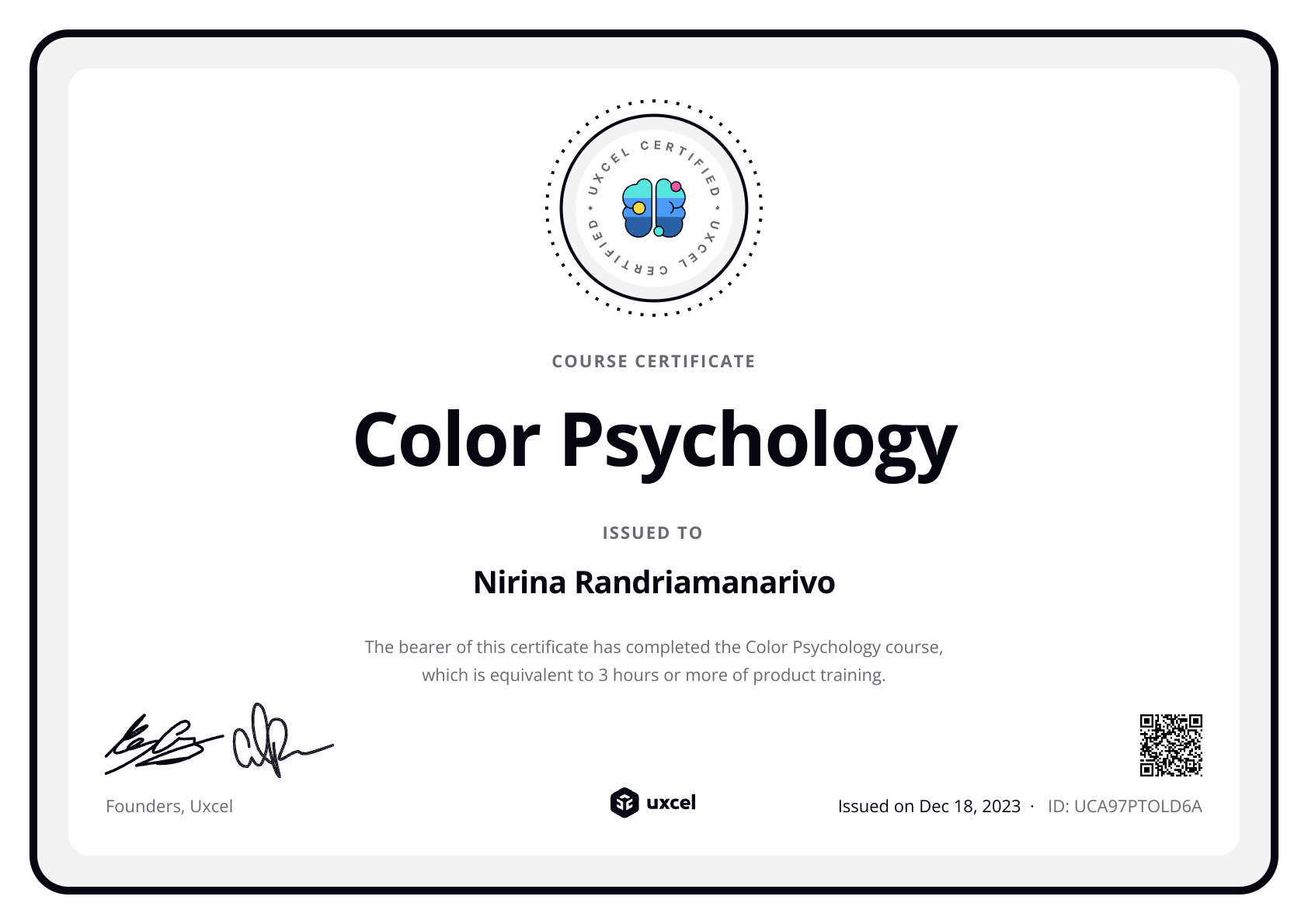 Nirina's certificate